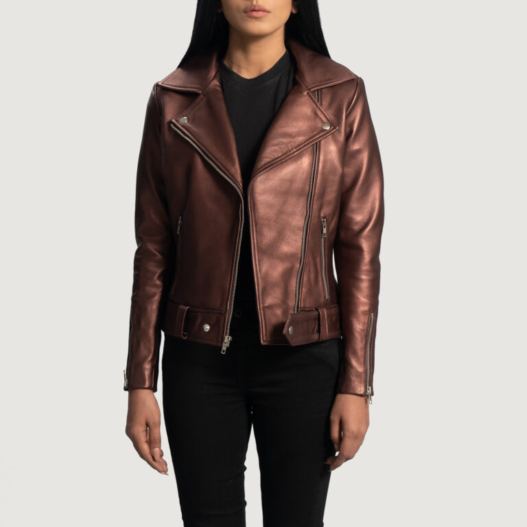 Womens Rumy Maroon Leather Biker Jacket Open Front-4-1664352127026